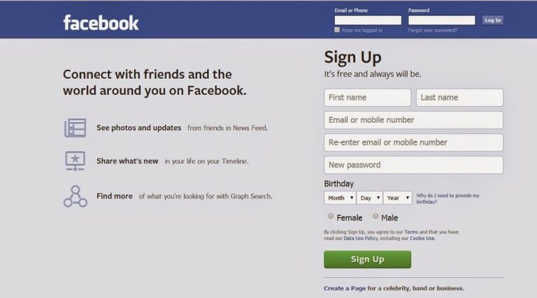 free facebook log in or sign up